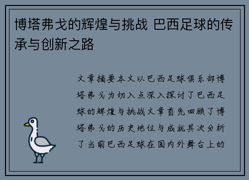 博塔弗戈的辉煌与挑战 巴西足球的传承与创新之路
